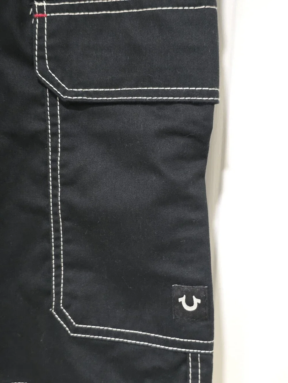 True Religion Black Cargo Shorts with White & Red Contrast Stitching